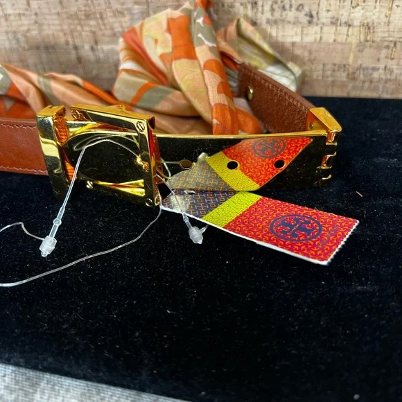 Tory Burch Brown and Gold Belt with Orange Scarf Accent - Picture 3 of 7